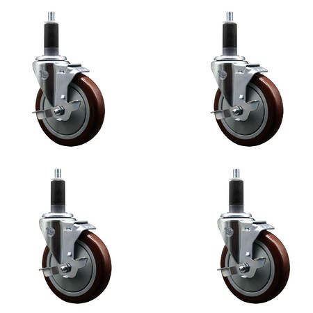 Service Caster 5'' Maroon Poly Swivel 1-1/8'' Expanding Stem Caster Set with Brake, 4PK SCC-EX20S514-PPUB-MRN-TLB-118-4